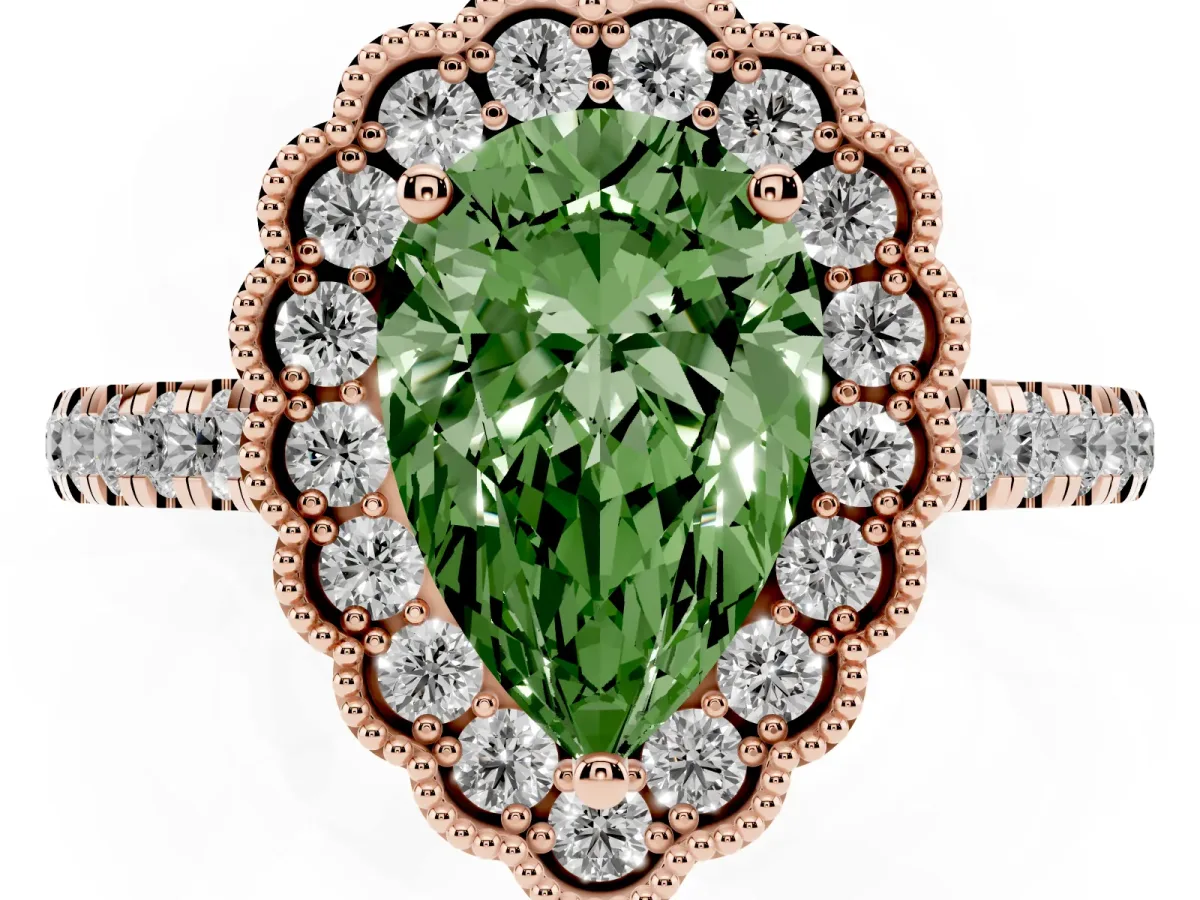 Fancy Green Pear Cut Cut Diamond Milgrain Floral Halo Engagement Ring with Pavé Band Rose gold