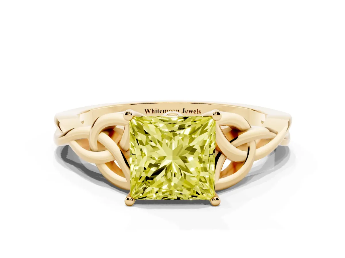 Fancy Yellow Princess Cut Diamond Solitaire Engagement Ring with Celtic Knot Band and Four-Prong Setting Yellow gold