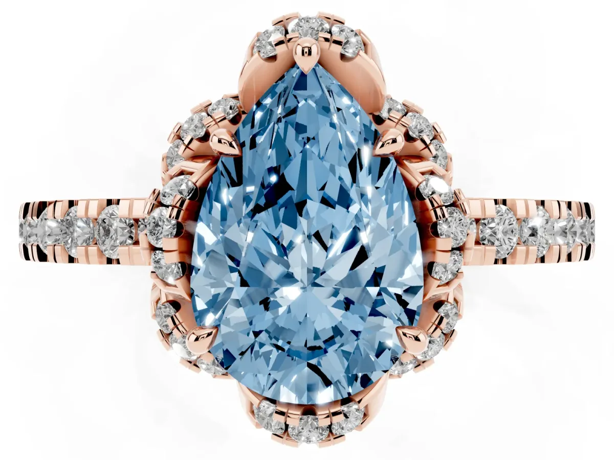 Fancy Blue Pear Cut Halo Diamond Pave Band Ring with Four-Prong Setting Rose gold
