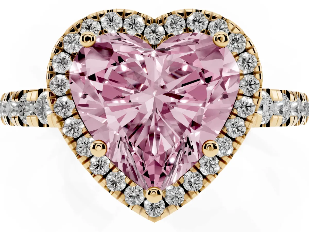 Fancy Pink Heart Cut Diamond Halo Ring with Pavé Band and Four-Prong Setting Yellow gold