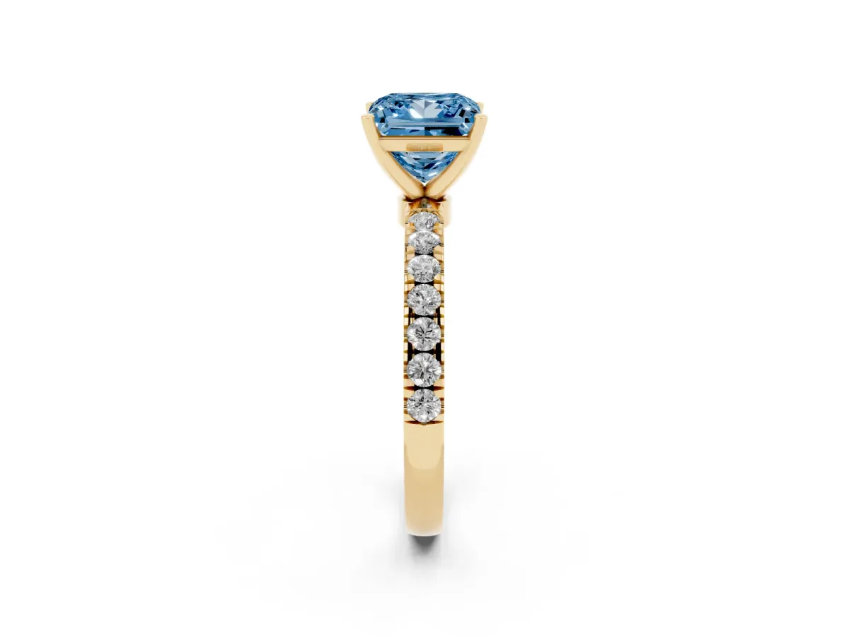 Fancy Blue Princess Cut Diamond Solitaire Ring with Pavé Accents and Four-Prong Setting Yellow gold