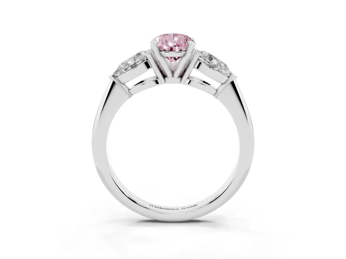 Fancy Pink Three-Stone Pear Cut Diamond Ring with Pear Side Stones and Four-Prong Setting Silver