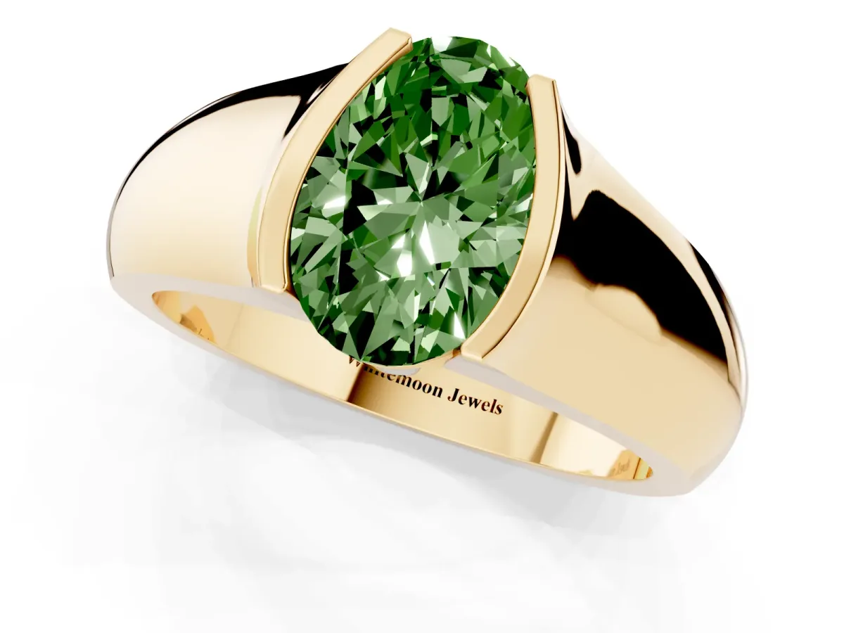 Fancy Green Oval Cut Solitaire Bezel Set Diamond Ring with Wide Band Yellow gold