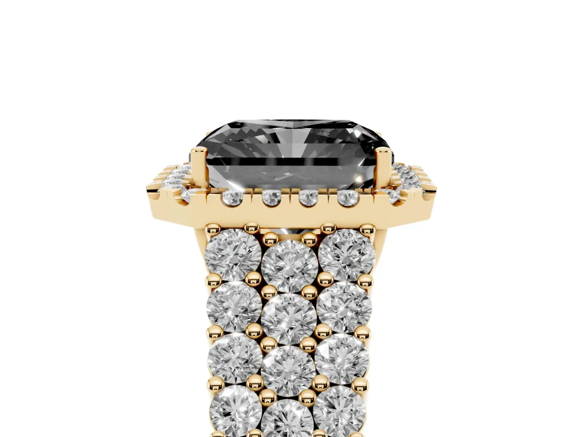 Fancy Black Radiant Cut Diamond Halo Engagement Ring with Triple Row Round Pavé Band and Prong Setting Yellow gold