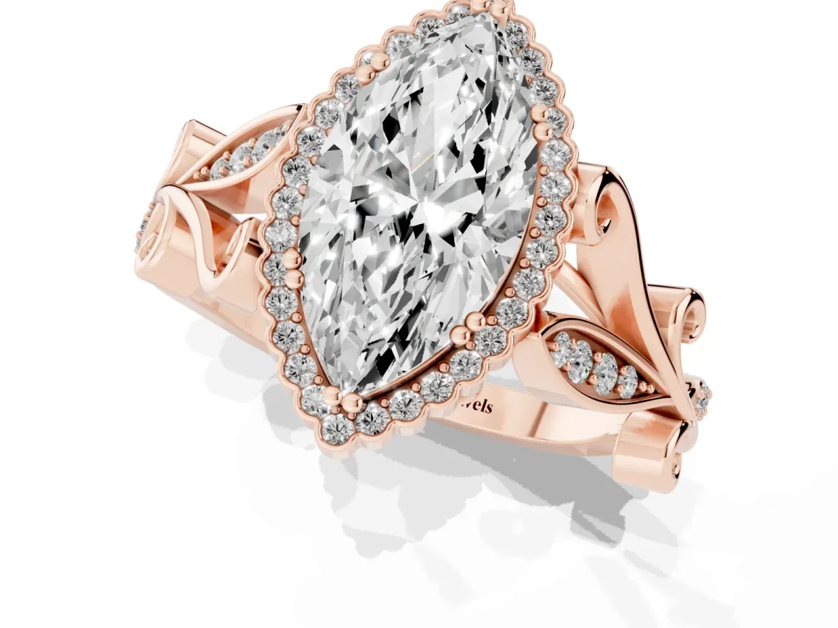Marquise Cut Diamond Halo Ring with Vintage Split Shank and Four-Prong Setting Rose gold