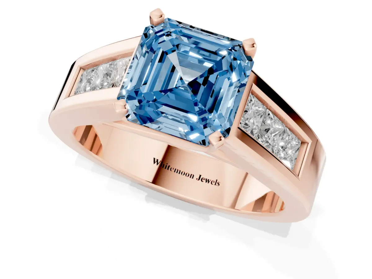 Fancy Blue Asscher Cut Cut Channel Set Solitaire Ring with Four-Prong Setting Rose gold