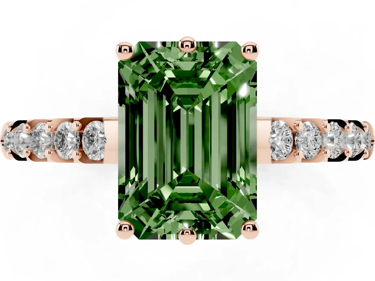 Fancy Green Emerald Cut Solitaire Diamond Engagement Ring with Pavé Band and Six-Prong Setting Rose gold