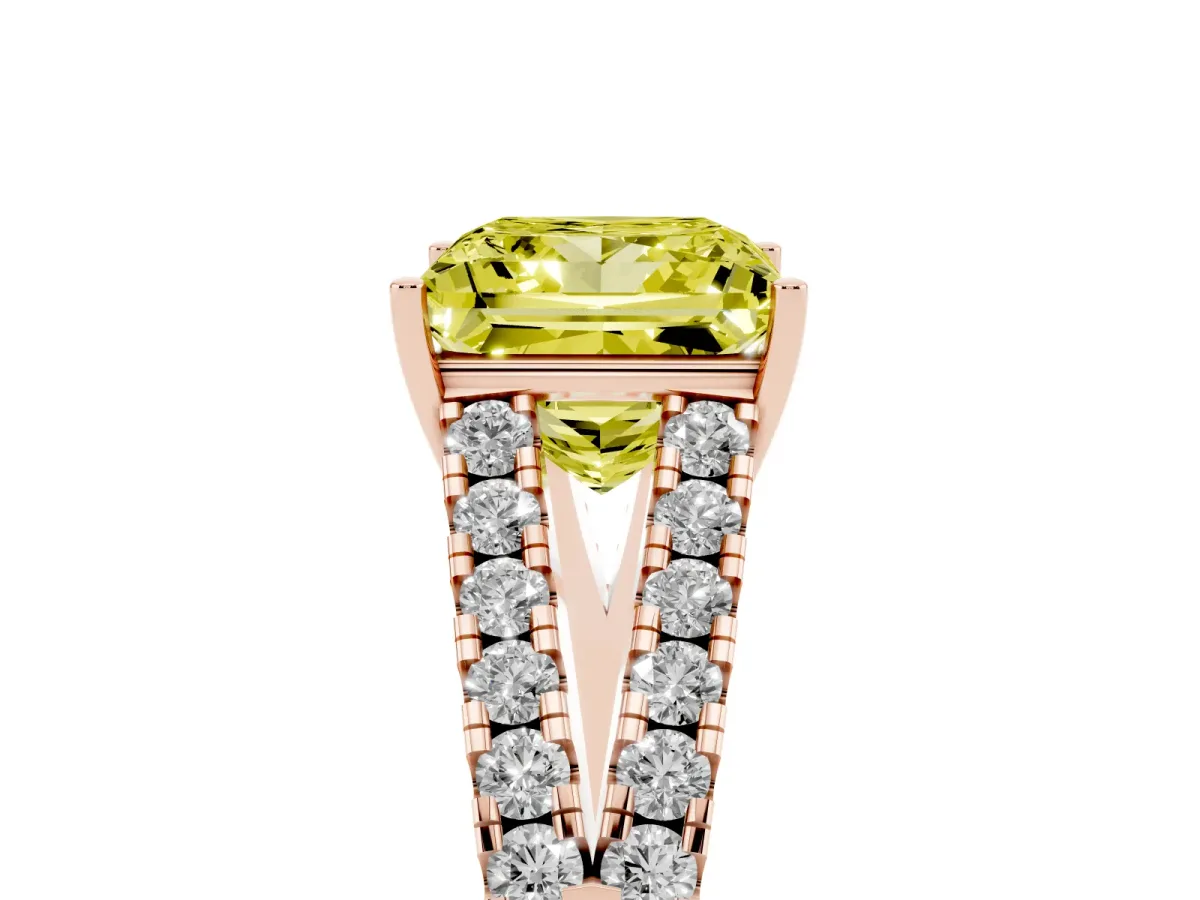 Fancy Yellow Princess Cut Diamond Split Shank Engagement Ring with Round Pavé and Prong Setting Rose gold