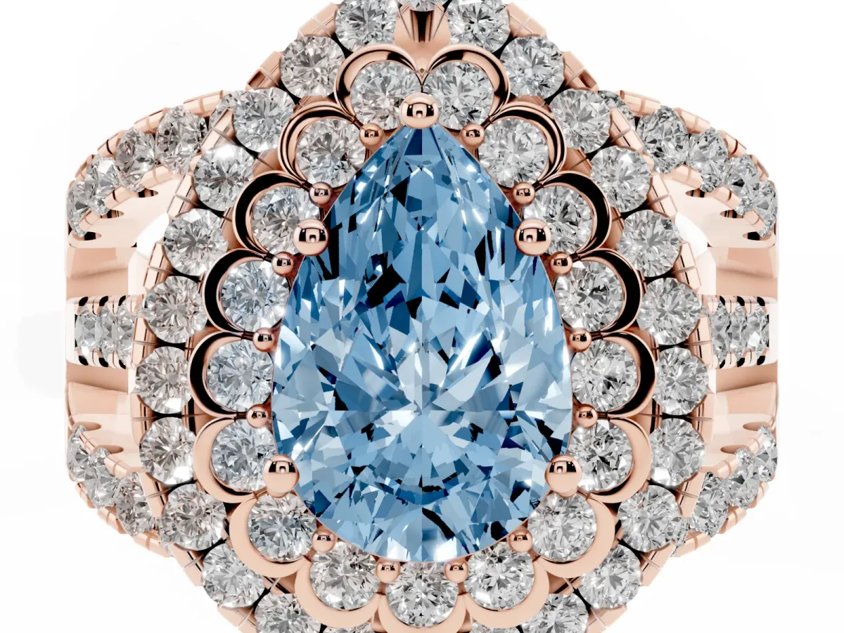 Fancy Blue Pear Cut Diamond Double Halo Ring with Round Pavé Split Shank and Prong Setting Rose gold