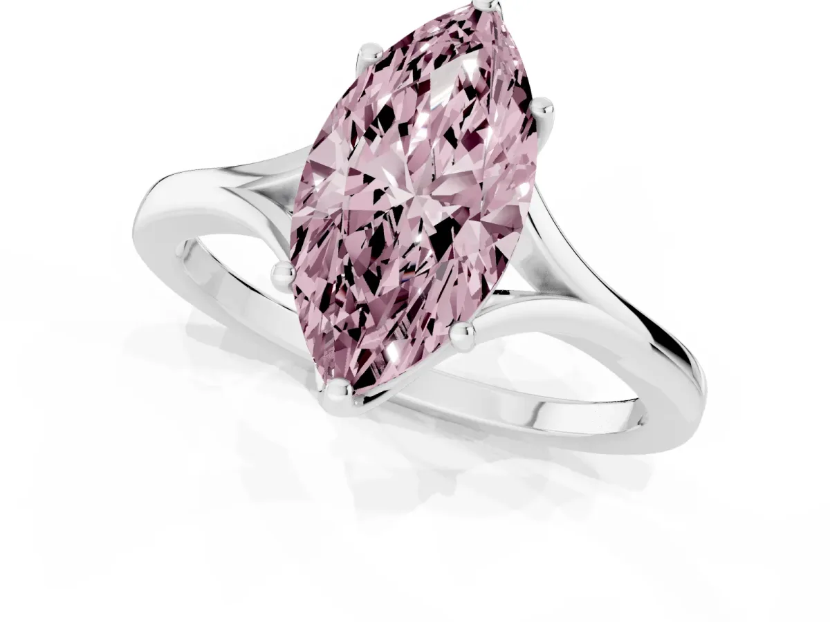 Fancy Pink Marquise Cut Solitaire Diamond Ring with Six-Prong Setting and Tapered Band Platinum