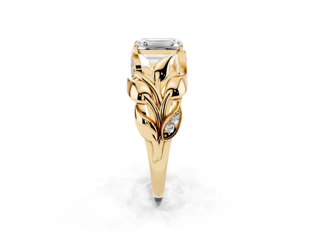 Emerald Cut Diamond Leaf-Inspired Engagement Ring with Round Accents and Prong Setting Yellow gold