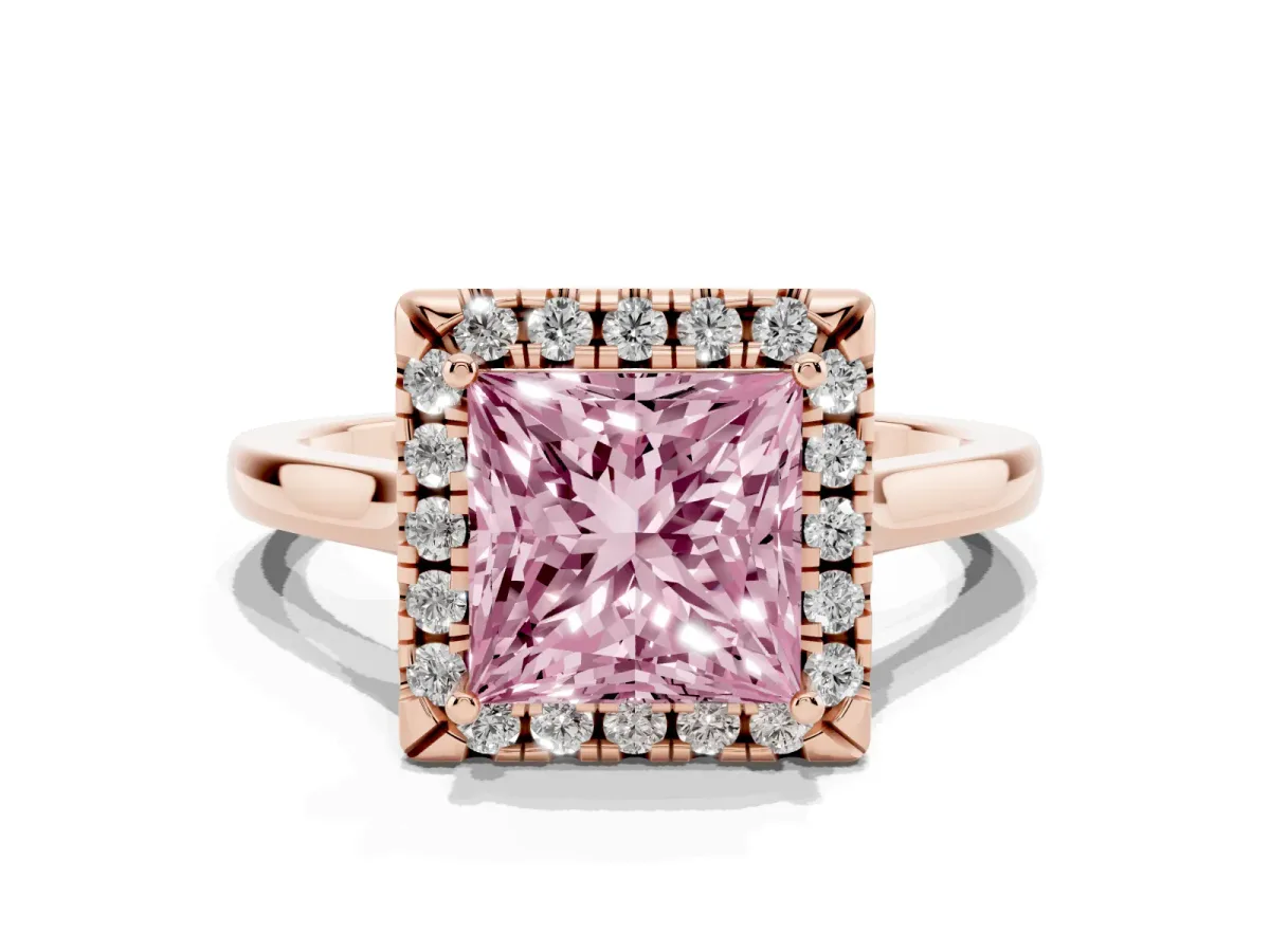 Fancy Pink Princess Cut Halo Round Diamond Solitaire Ring with Pavé Band and Four-Prong Setting Rose gold