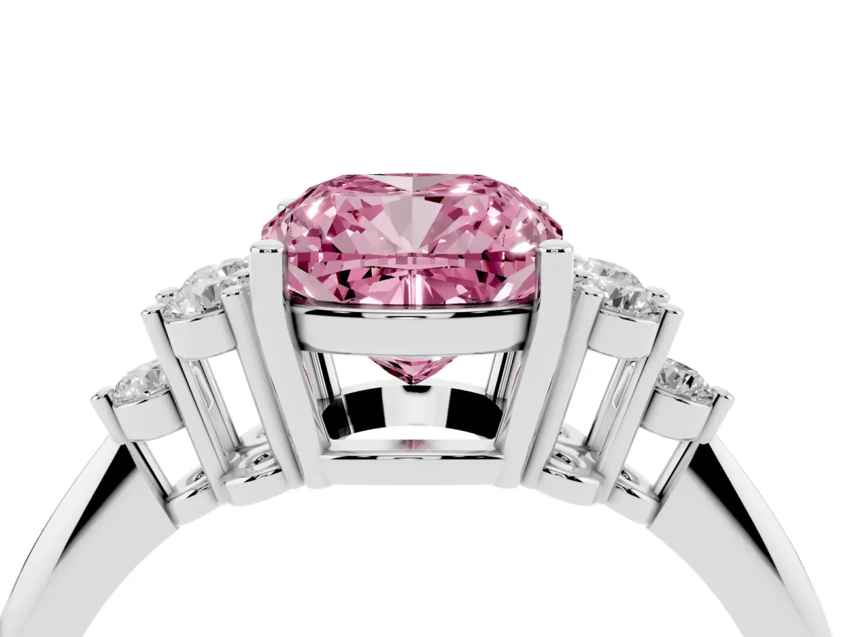 Fancy Pink Cushion Cut Cut Diamond Cluster Ring with Solitaire Band and Four-Prong Setting Silver