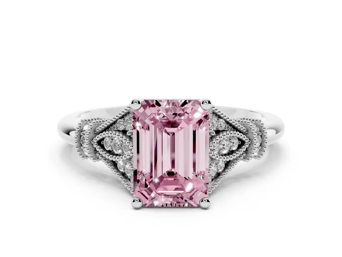 Fancy Pink Emerald Cut Diamond Solitaire Ring with Floral Filigree and Pave Accents White gold