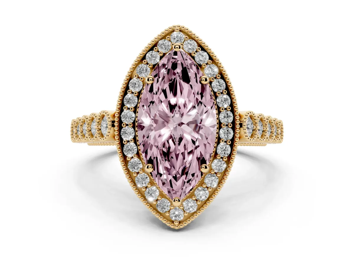 Fancy Pink Marquise Cut Halo Milgrain Solitaire with Bezel Set Side Stones and Pave Band Yellow gold