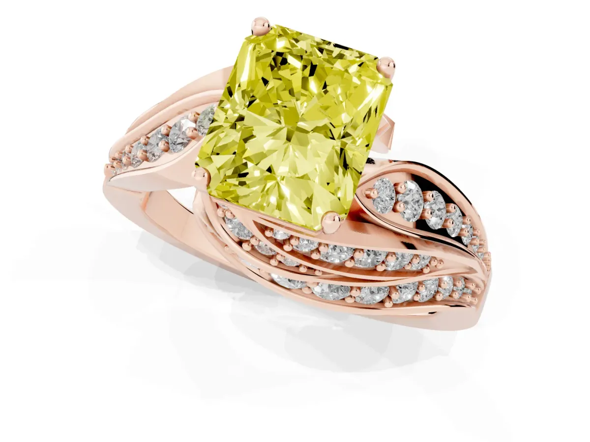 Fancy Yellow Radiant Cut Diamond Solitaire Ring with Prong Setting and Twisted Pavé Band Rose gold