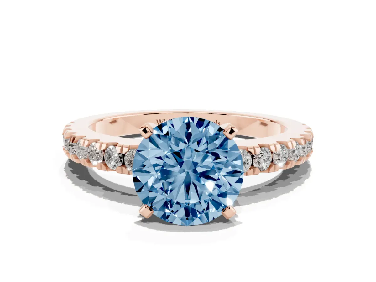 Fancy Blue Round Cut Solitaire Diamond with Pavé Band and Four-Prong Setting Rose gold