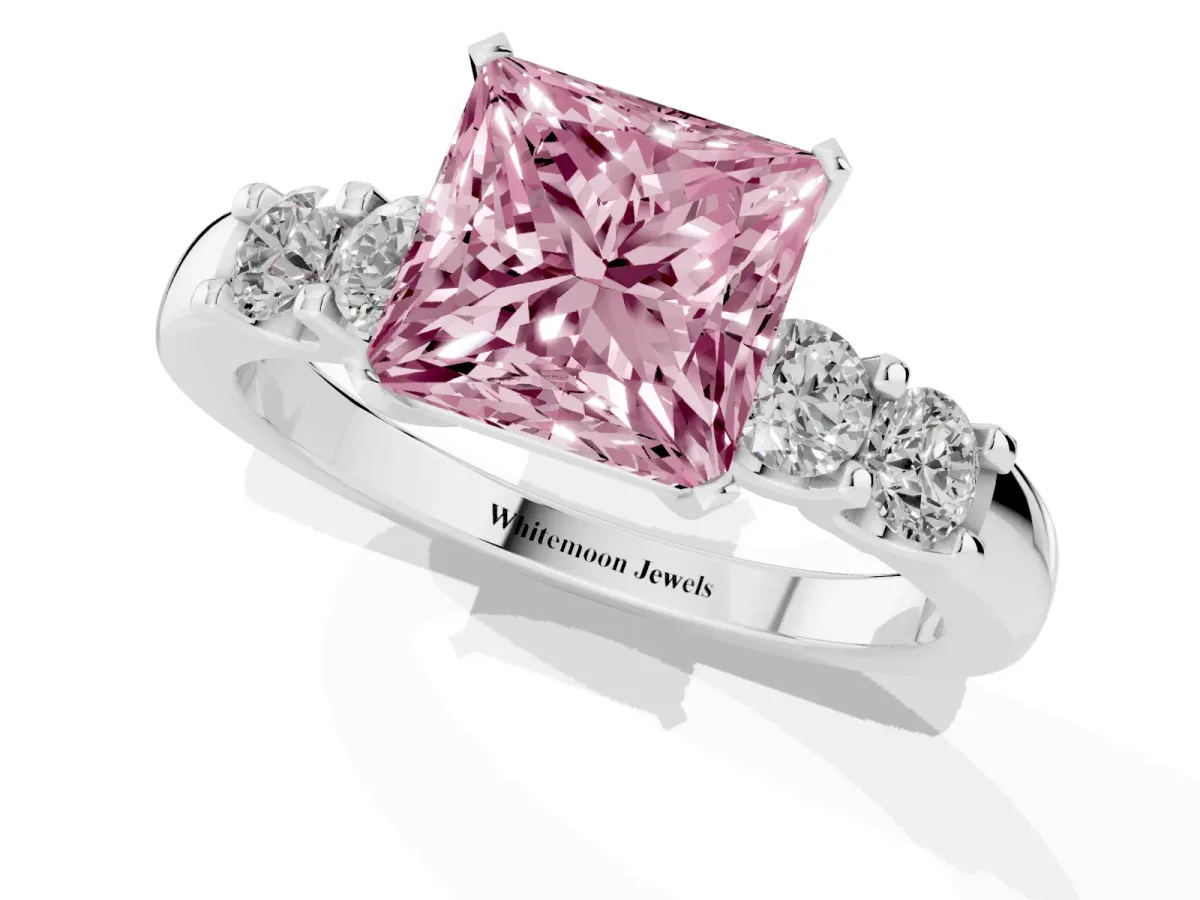Fancy Pink Princess Cut Brilliant Cut Diamond Five-Stone Prong Set Engagement Ring with Channel Band White gold
