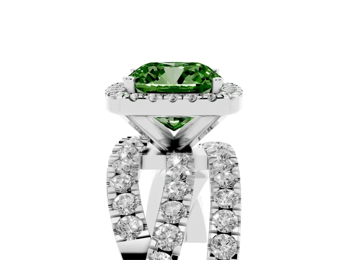 Fancy Green Cushion Cut Diamond Halo Ring with Round Split Shank and Prong Setting Silver