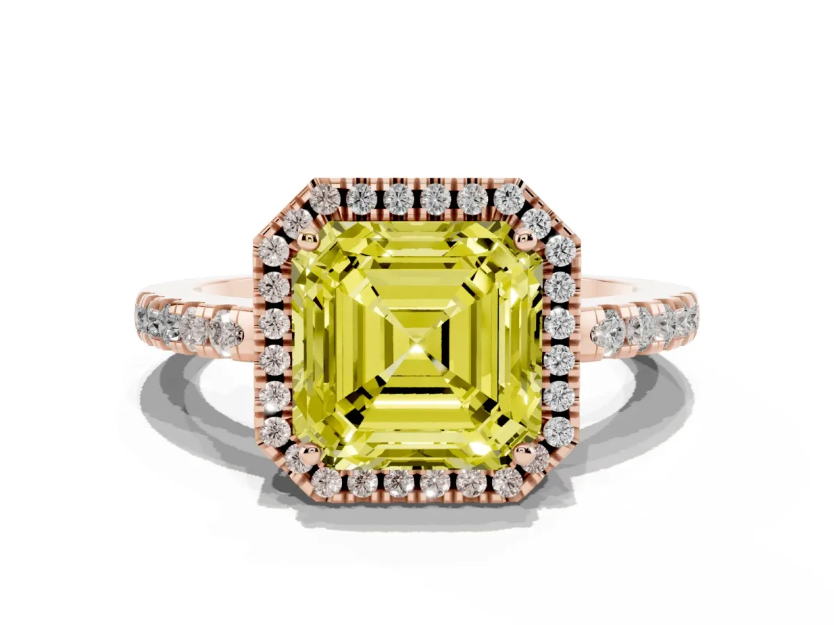 Fancy Yellow Asscher Cut Halo Diamond Engagement Ring with Pavé Band and Four-Prong Setting Rose gold