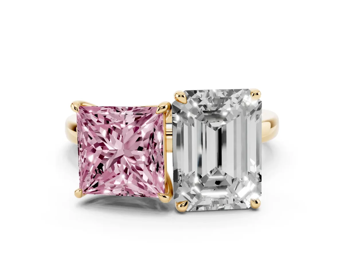 Fancy Pink Princess Cut and Emerald Cut Toi Moi Ring with Prong Setting Yellow gold