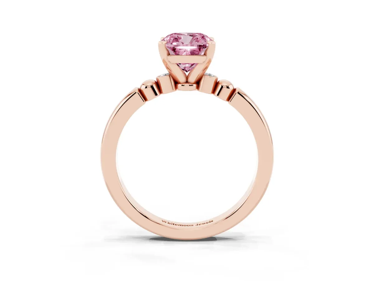 Fancy Pink Cushion Cut Solitaire Beaded Band with Four-Prong Setting Rose gold