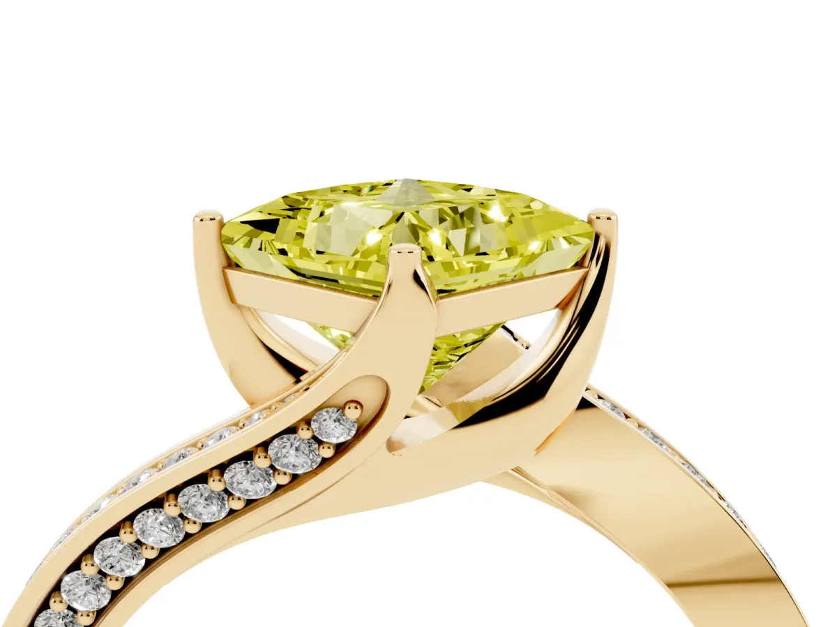Fancy Yellow Princess Cut Solitaire Diamond Twist Band with Pavé Setting and Four-Prong Setting Yellow gold