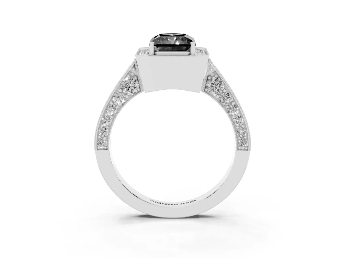 Fancy Black Radiant Cut Halo Diamond Engagement Ring with Split Shank Band and Four-Prong Setting Silver