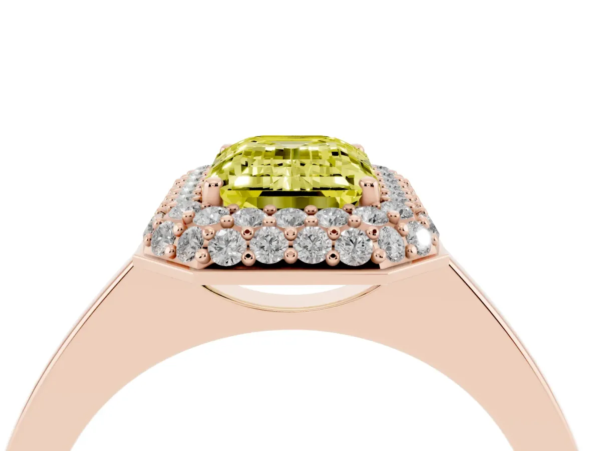 Fancy Yellow Emerald Cut Halo Diamond Engagement Ring with Solitaire Band and Four-Prong Setting Rose gold