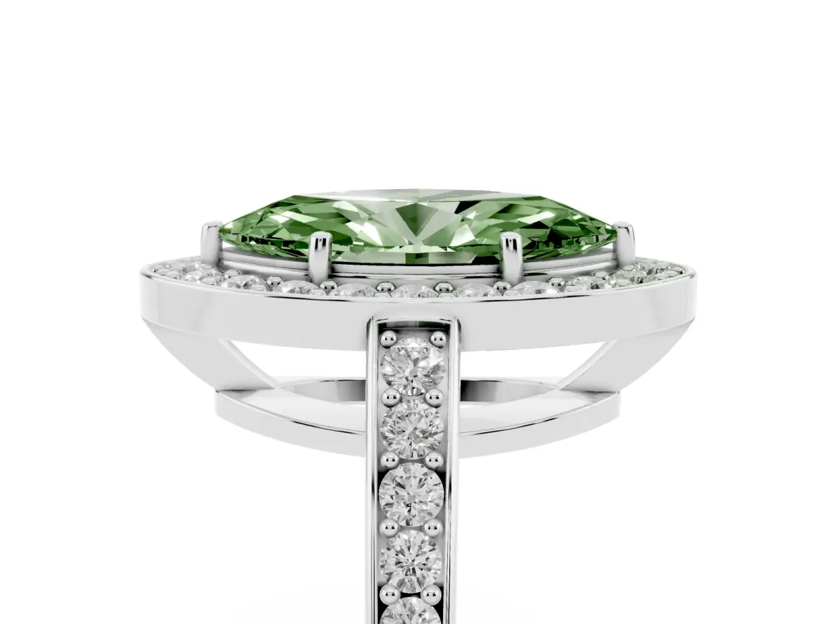 Fancy Green Marquise Cut Halo Pavé Diamond Engagement Ring with Bezel Setting Platinum