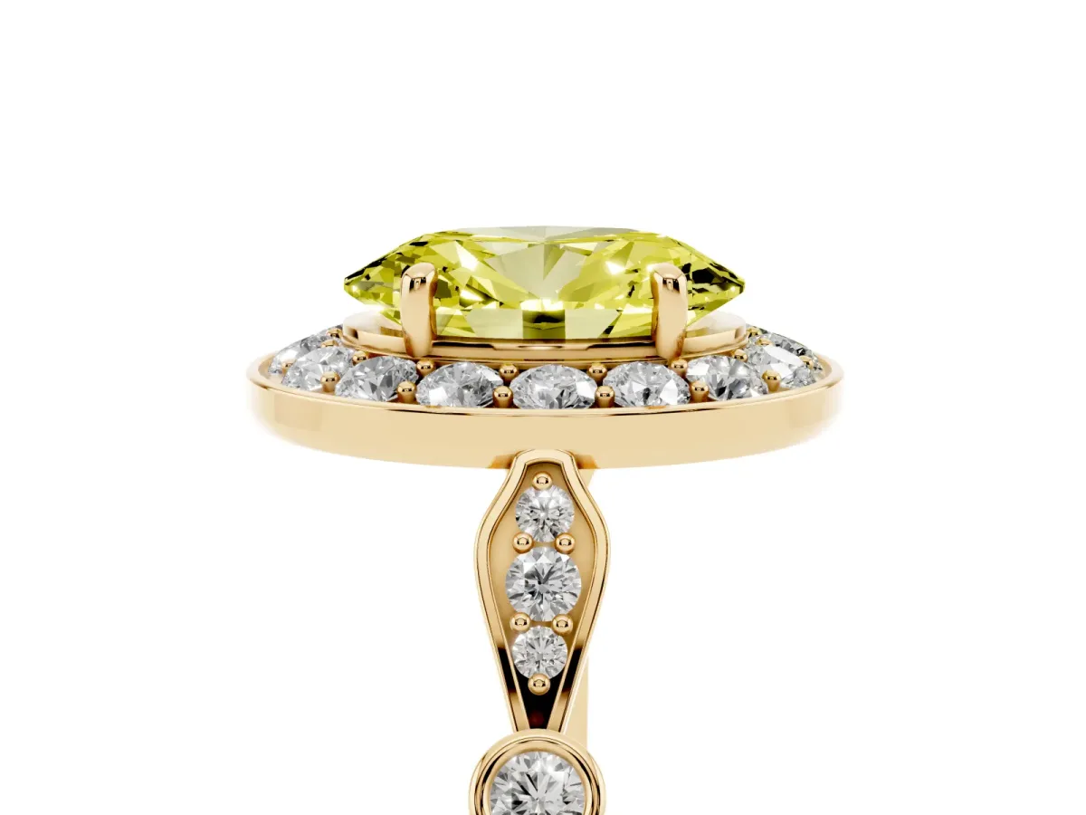 Fancy Yellow Oval Cut Halo Diamond Engagement Ring with Twisted Band and Four-Prong Setting Yellow gold