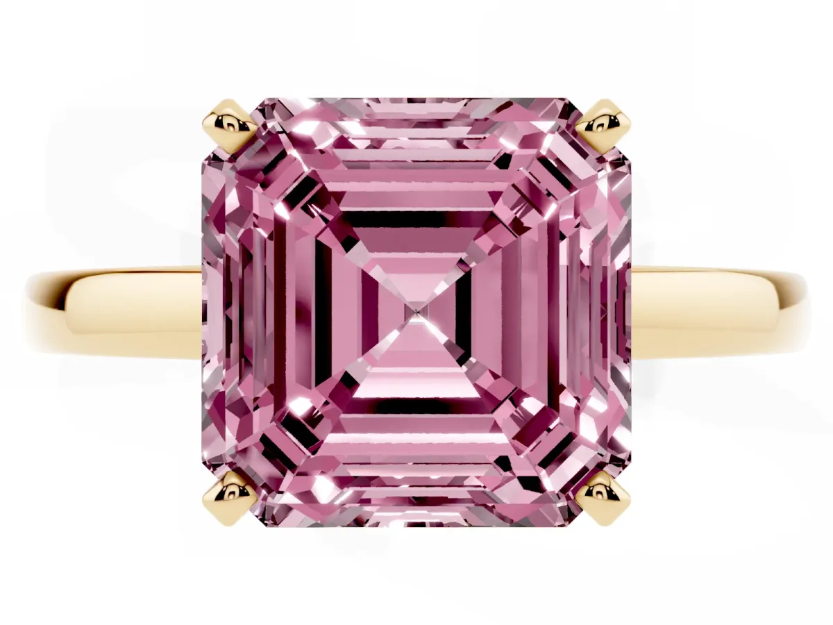 Fancy Pink Asscher Cut Solitaire Diamond Engagement Ring with Four-Prong Setting on a Classic Band Yellow gold