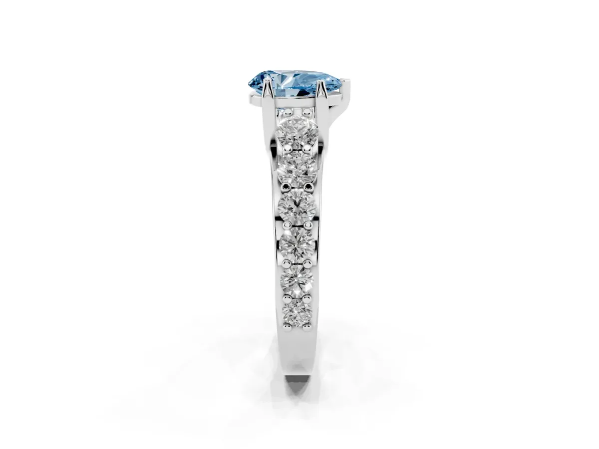 Fancy Blue Pear Cut Diamond Engagement Ring with Pavé Band and Four-Prong Setting Silver
