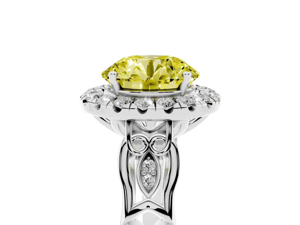 Fancy Yellow Round Cut Halo Diamond Engagement Ring with Filigree Band and Four-Prong Setting Platinum