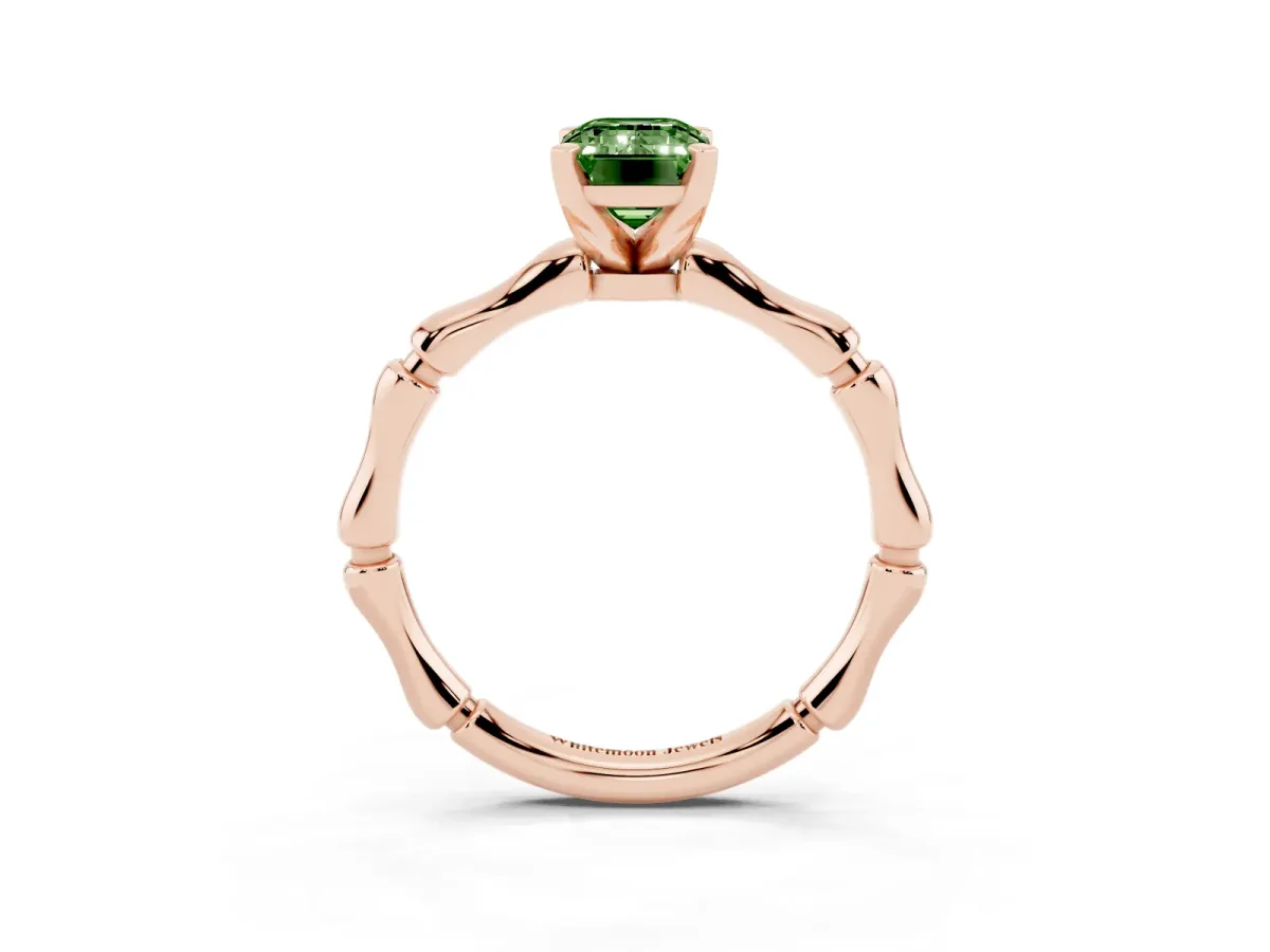 Fancy Green Emerald Cut Solitaire Diamond Ring with Bamboo Band and Four-Prong Setting Rose gold