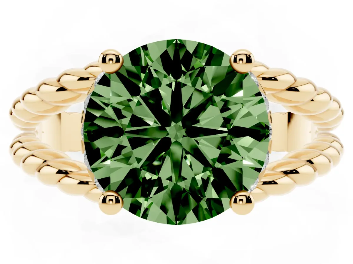 Fancy Green Round Cut Halo Twisted Band Four-Prong Ring Yellow gold