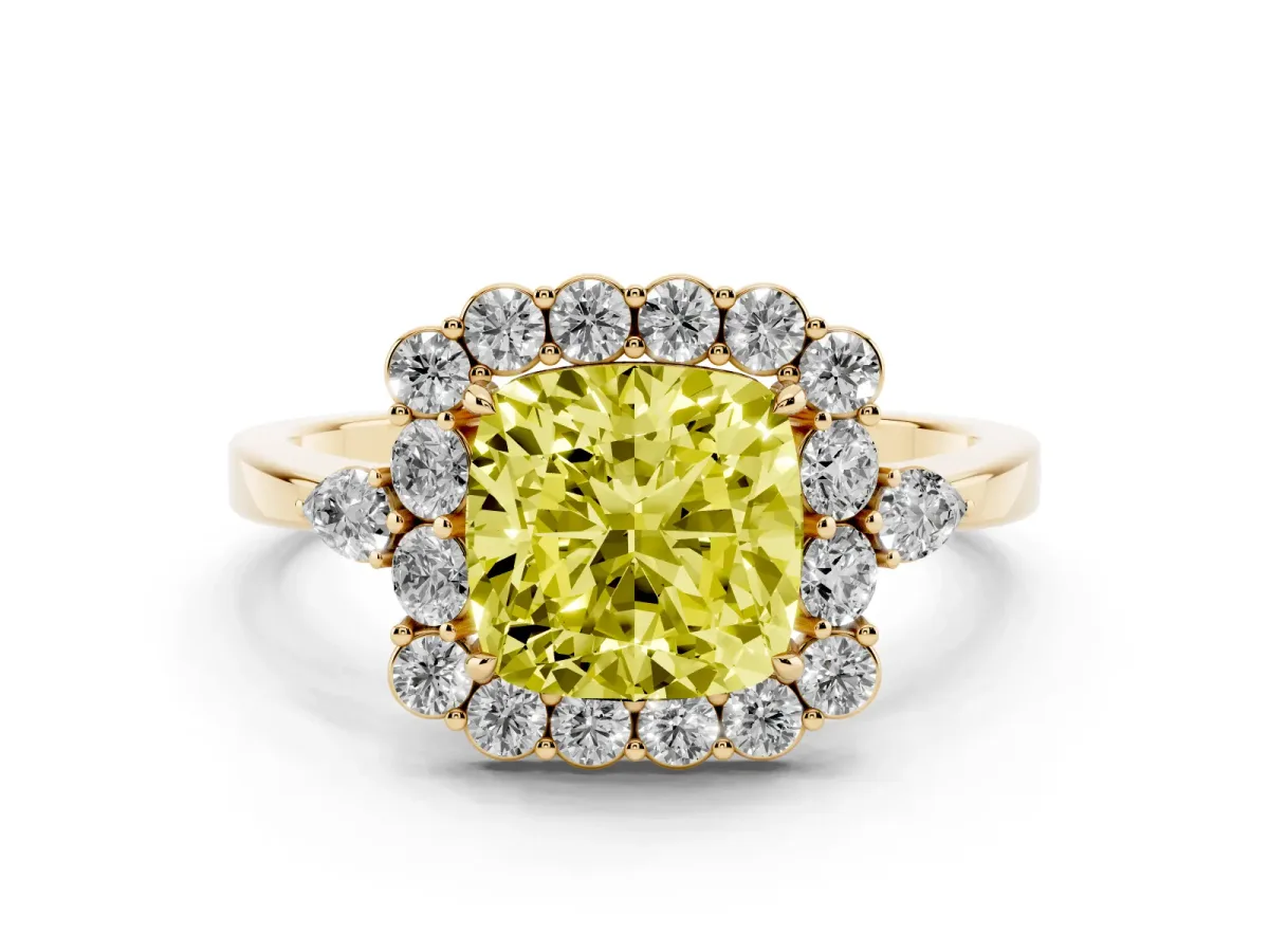 Fancy Yellow Cushion Cut Diamond Halo Ring with Pear Side Stones and Prong Setting Yellow gold