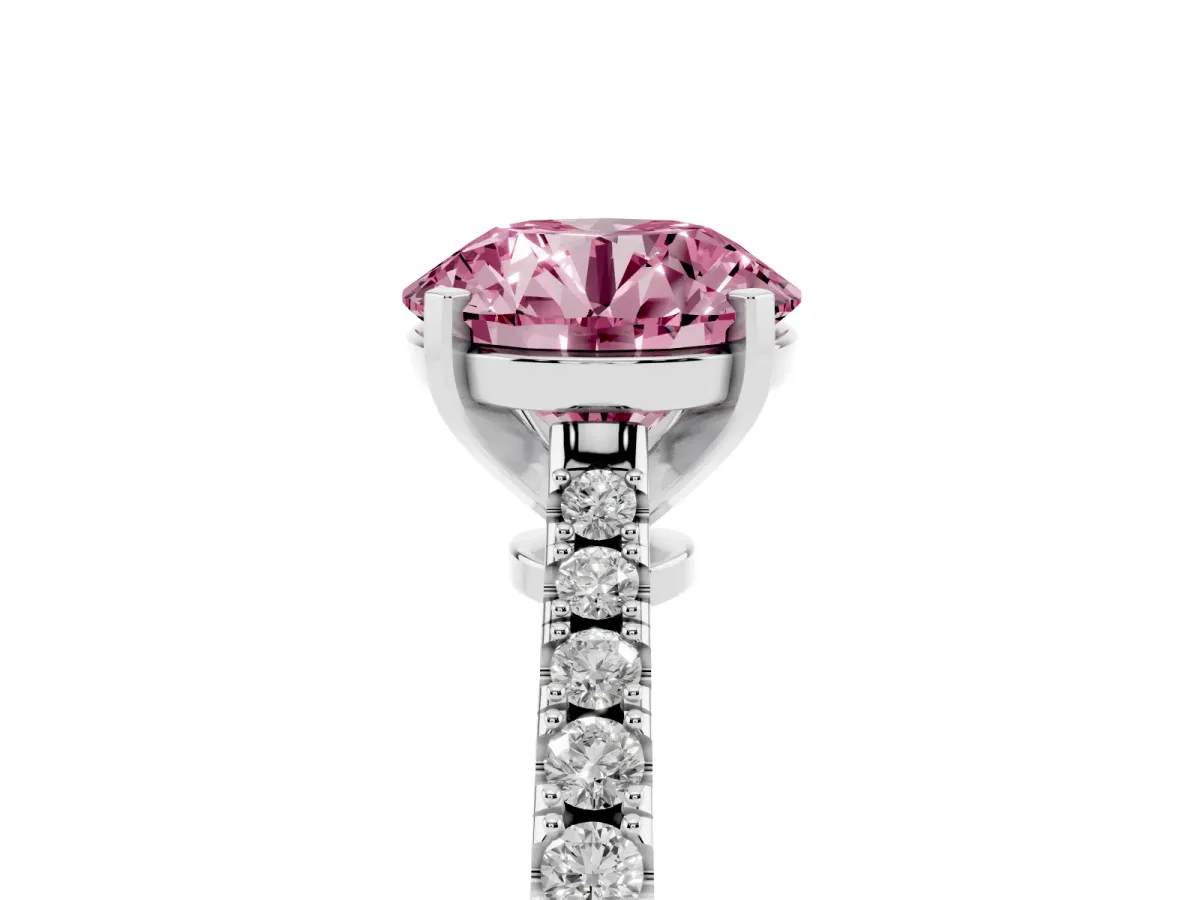 Fancy Pink Round Cut Cut Solitaire Diamond Engagement Ring with Pave Band and Four-Prong Setting White gold