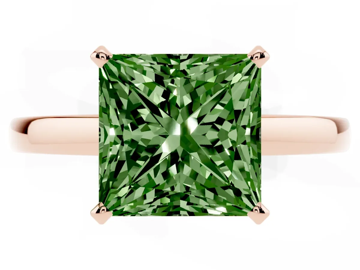 Fancy Green Princess Cut Solitaire Diamond Engagement Ring with Four-Prong Setting on a Classic Band Rose gold