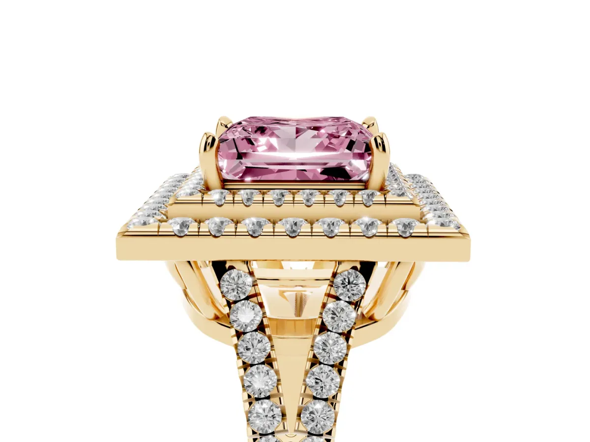 Fancy Pink Princess Cut Diamond Double Halo Ring with Pavé Band and Prong Setting Yellow gold