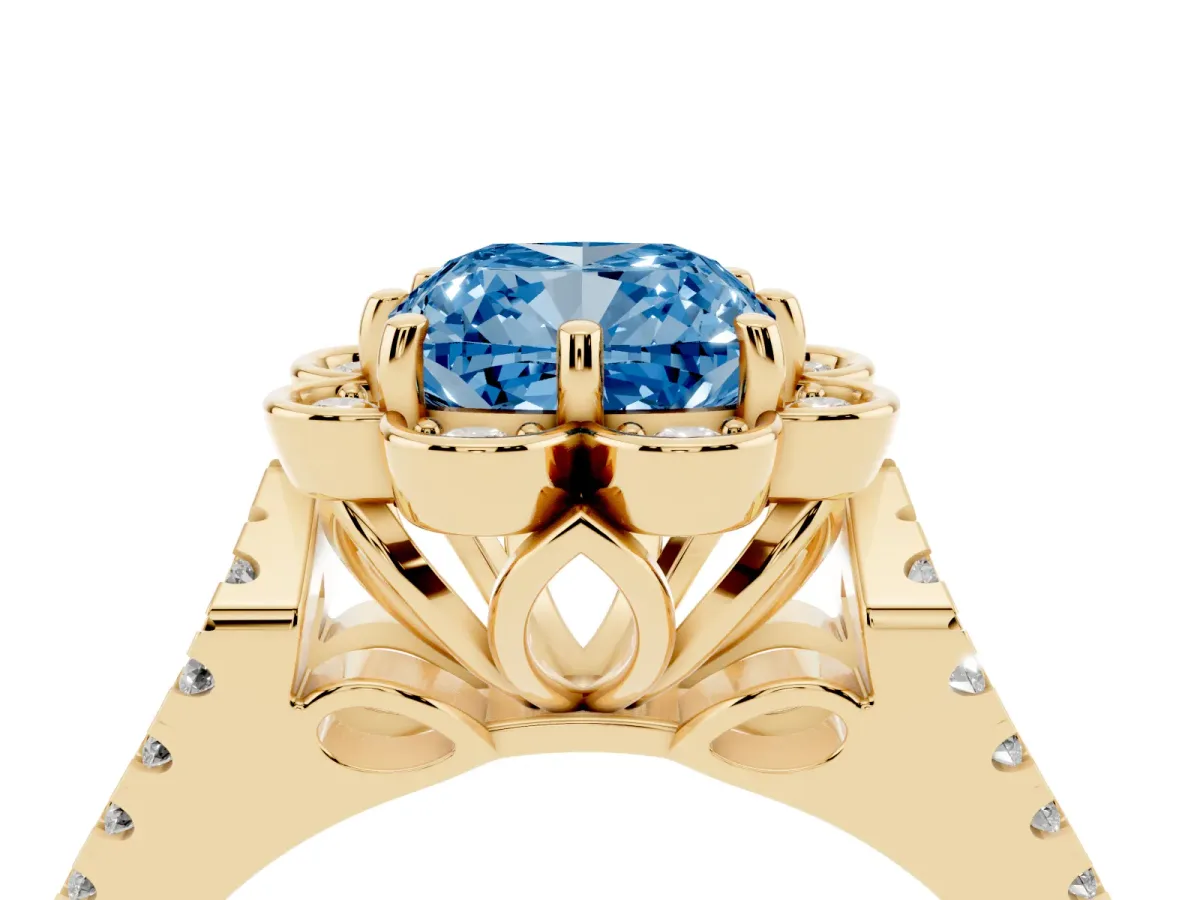 Fancy Blue Cushion Cut Halo Diamond Floral Split Shank Engagement Ring Yellow gold