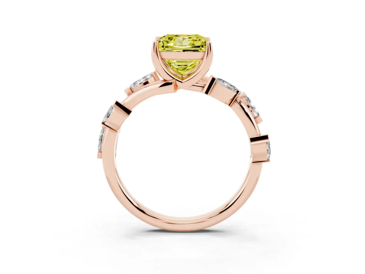 Fancy Yellow Princess Cut Solitaire Twisted Band Marquise Accent Prong Setting Ring Rose gold