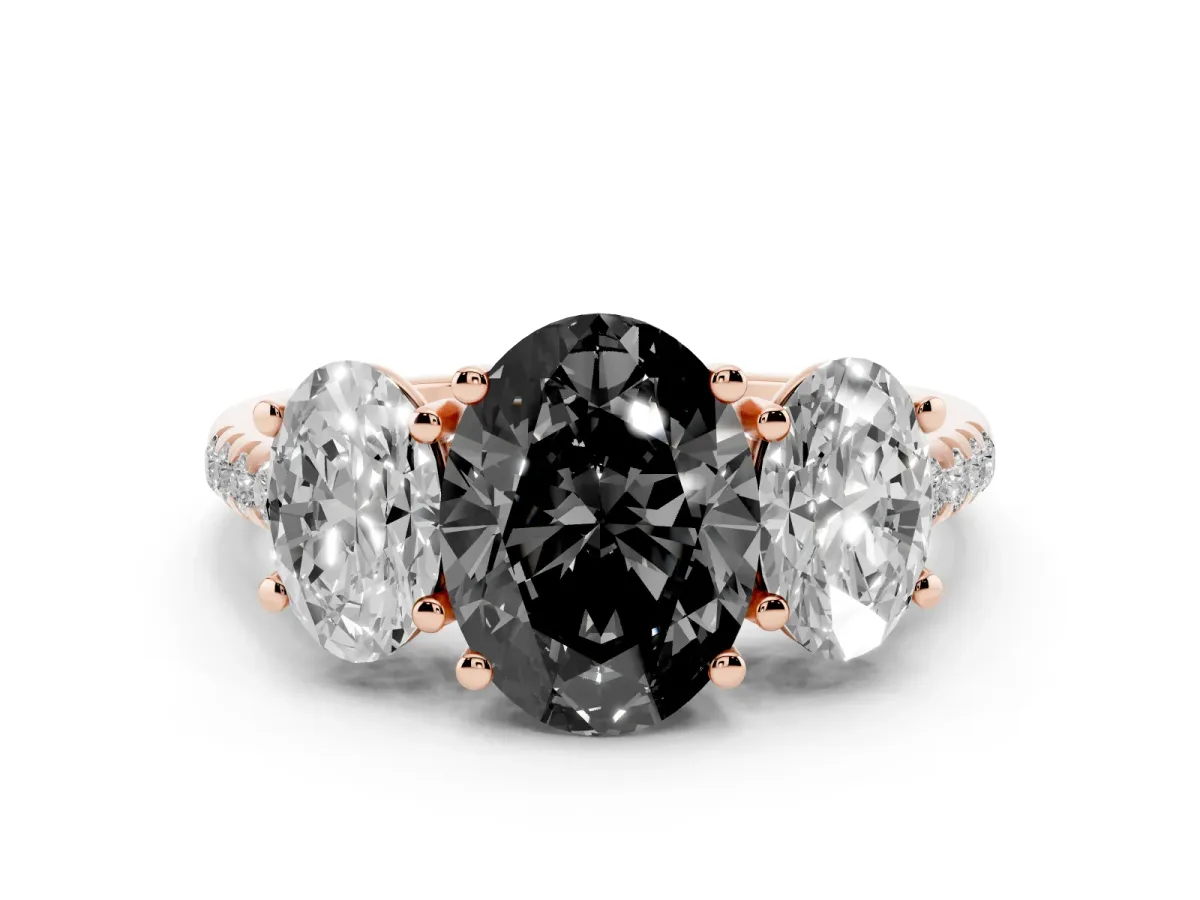 Fancy Black Three-Stone Oval Cut Diamond Ring with Round Pavé Band and Prong Setting Rose gold