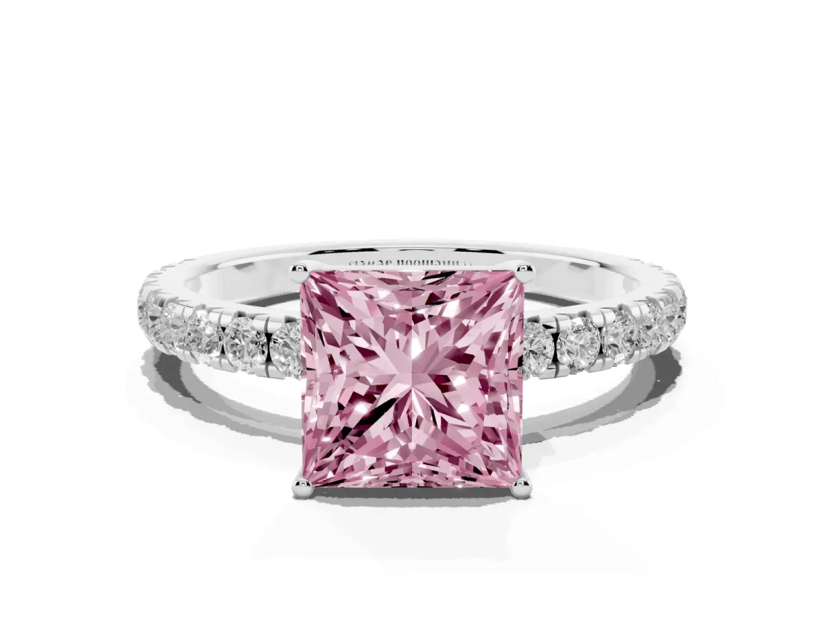 Fancy Pink Princess Cut Diamond Pavé Solitaire Engagement Ring with Four-Prong Setting Silver