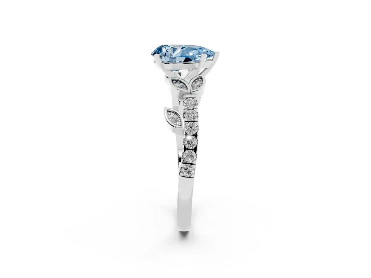 Fancy Blue Pear Cut Solitaire Leaf-Inspired Diamond Ring with Pavé Band and Four-Prong Setting Silver