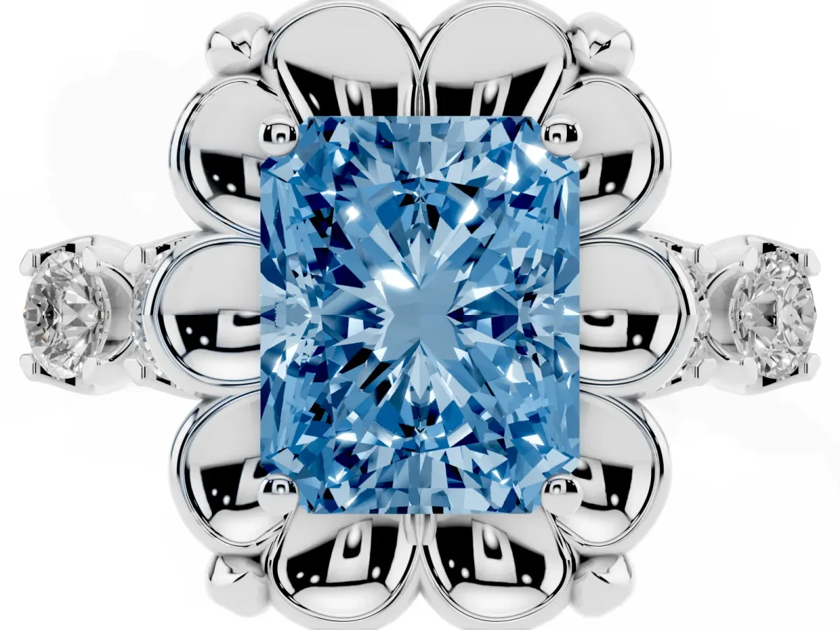 Fancy Blue Radiant Cut Cut Diamond Floral Halo Engagement Ring with Shared Prong Setting Silver