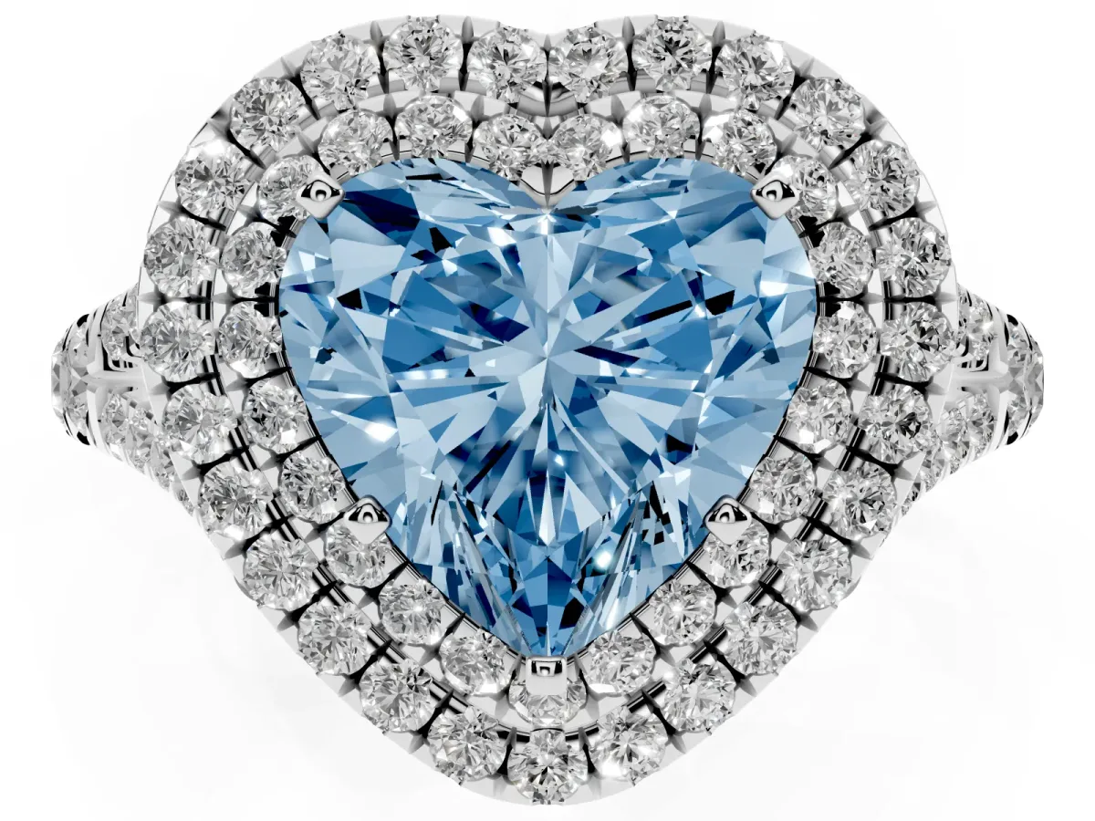 Fancy Blue Heart Cut Cut Double Halo Split Shank Diamond Ring with Prong Setting White gold