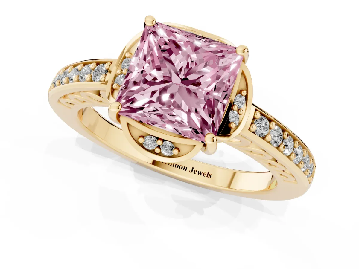 Fancy Pink Princess Cut Cut Halo Diamond Ring with Channel Set Band and Four-Prong Setting Yellow gold
