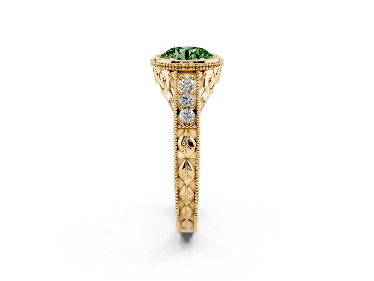 Fancy Green Bezel Set Round Cut Diamond Milgrain Pave Engagement Ring Yellow gold