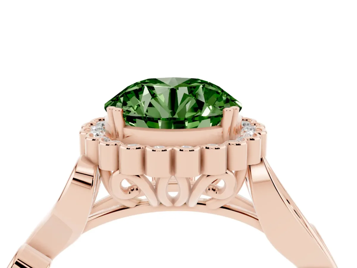 Fancy Green Round Cut Diamond Halo Ring with Vintage Split Shank and Four-Prong Setting Rose gold